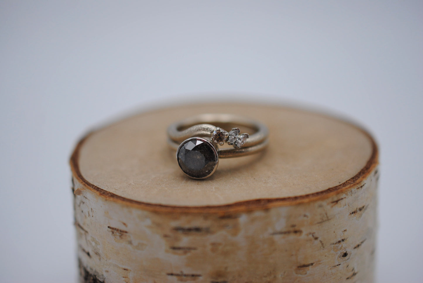 Salt and Pepper Ring: Round Cut, Stardust Palladium White Gold Band, Platinum Bezel Setting with Wedding Band