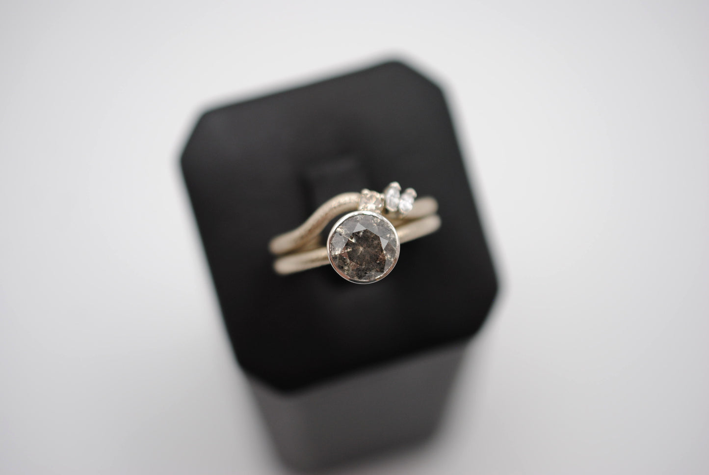 Salt and Pepper Ring: Round Cut, Stardust Palladium White Gold Band, Platinum Bezel Setting with Wedding Band