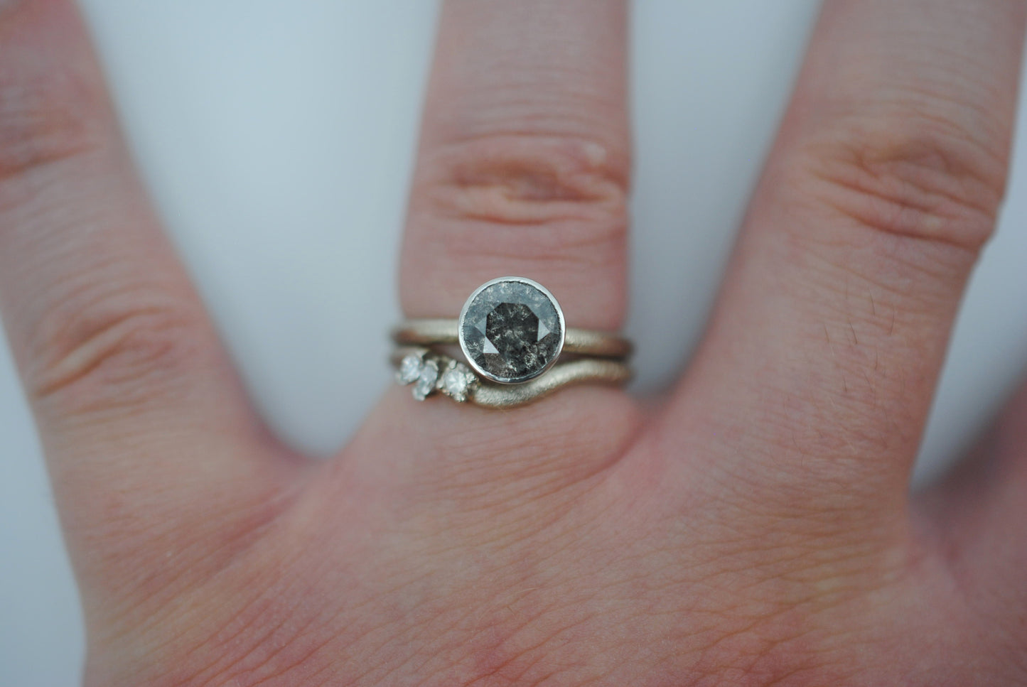 Salt and Pepper Ring: Round Cut, Stardust Palladium White Gold Band, Platinum Bezel Setting with Wedding Band