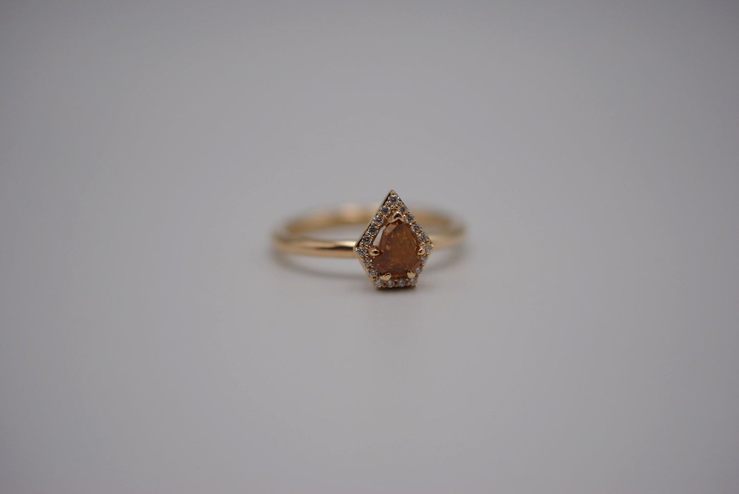 Salt and Pepper Ring : Shield Cut, Diamond Halo, 14K Yellow Gold