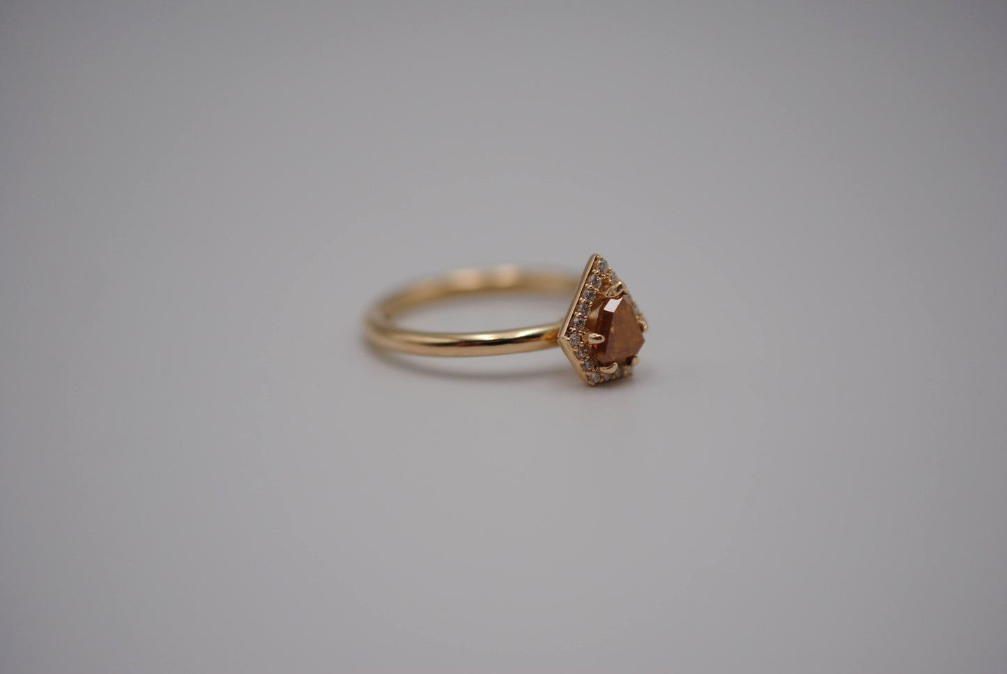 Salt and Pepper Ring : Shield Cut, Diamond Halo, 14K Yellow Gold