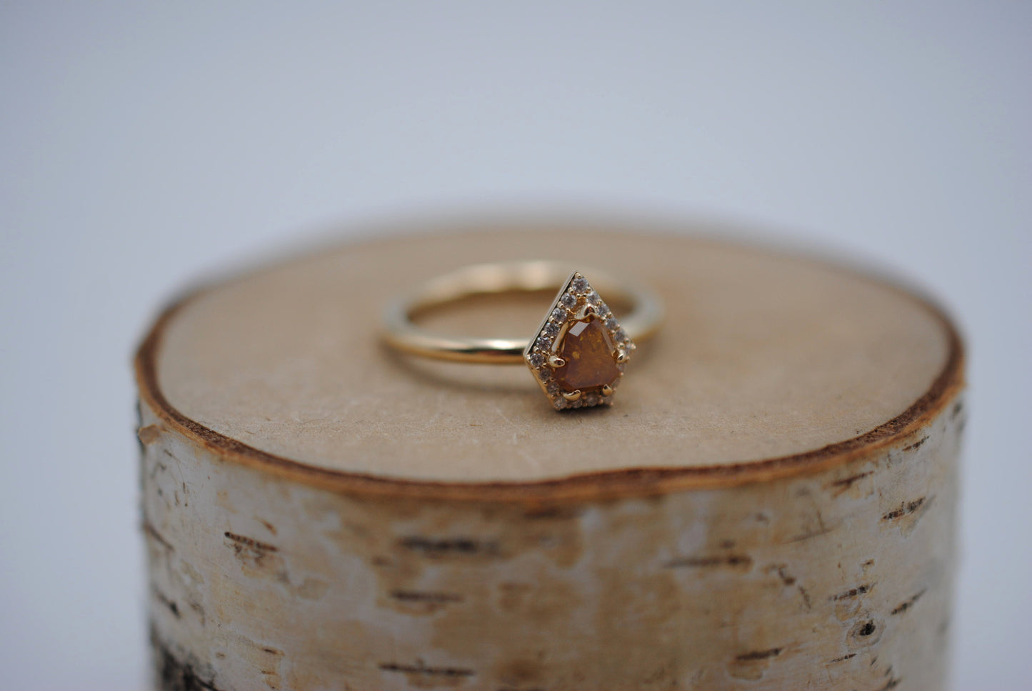 Salt and Pepper Ring : Shield Cut, Diamond Halo, 14K Yellow Gold