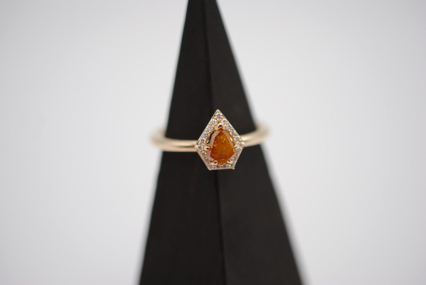 Salt and Pepper Ring : Shield Cut, Diamond Halo, 14K Yellow Gold