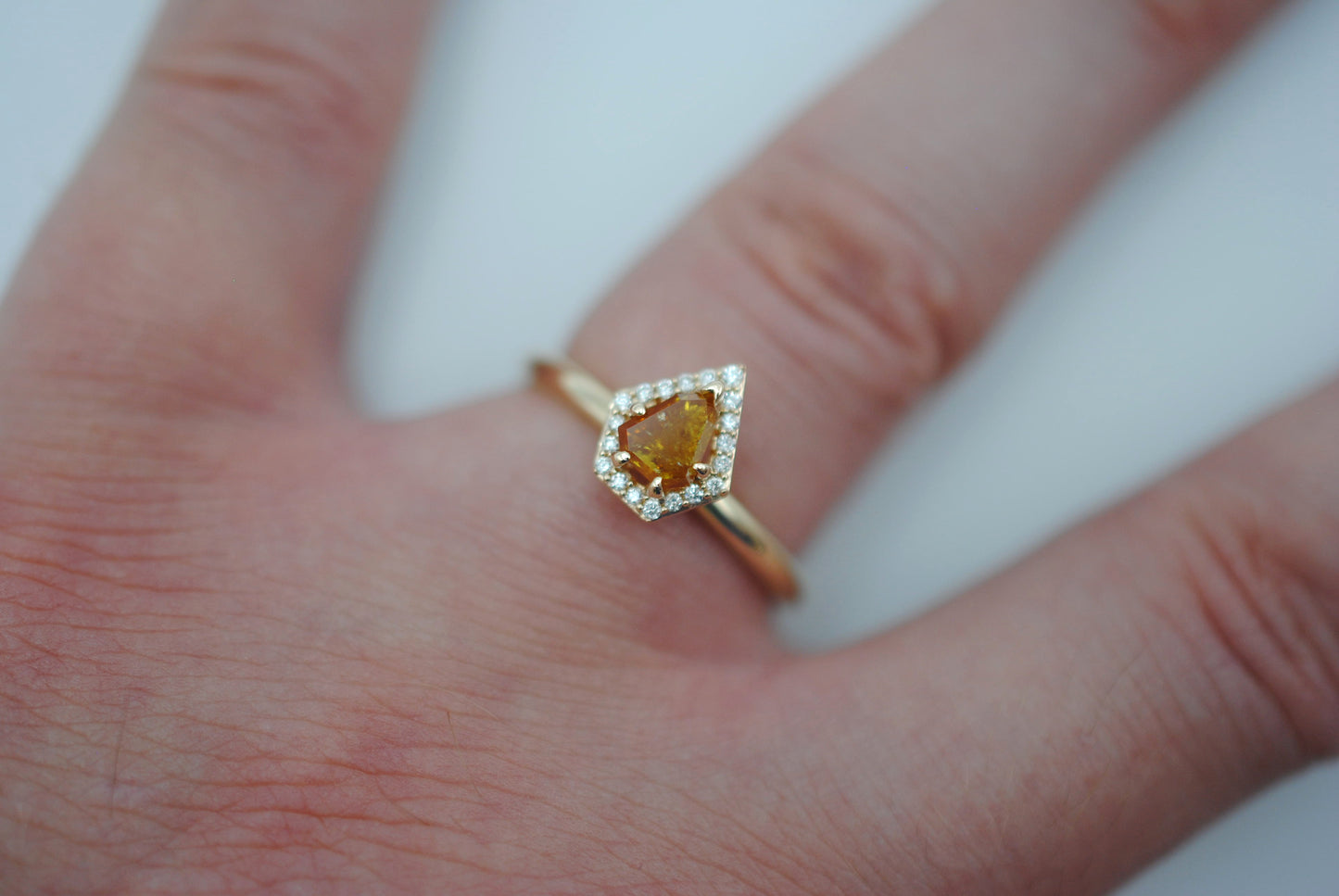 Salt and Pepper Ring : Shield Cut, Diamond Halo, 14K Yellow Gold