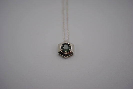 Sapphire Necklace: Round Cut, Silver Hexagon Setting, on Cable Chain