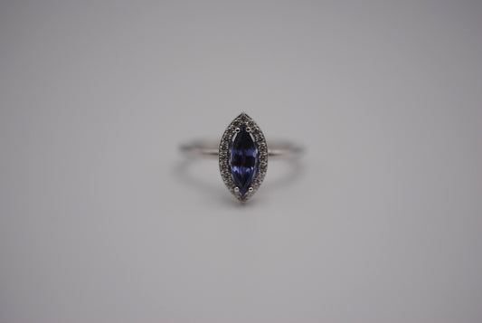 Sapphire Ring: Marquise Cut, Diamond Halo, White Gold