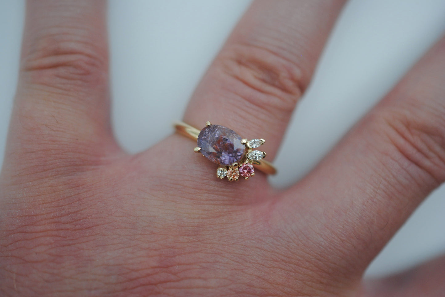 Sapphire Ring : Oval Cut, Diamond Cluster, 14K Yellow Gold