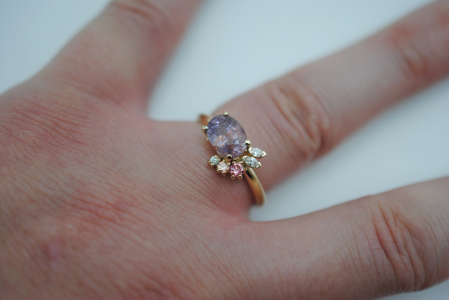 Sapphire Ring : Oval Cut, Diamond Cluster, 14K Yellow Gold