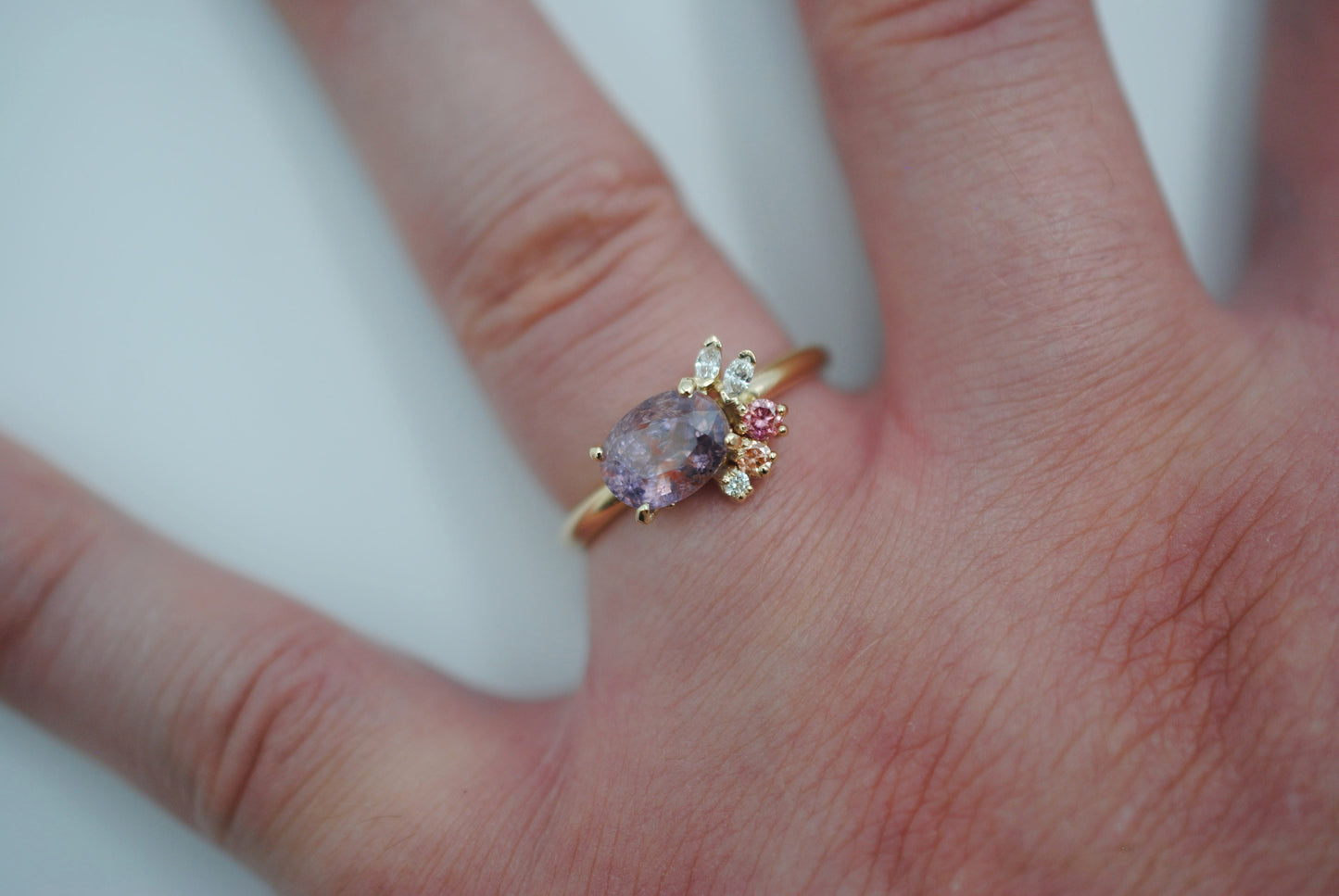 Sapphire Ring : Oval Cut, Diamond Cluster, 14K Yellow Gold
