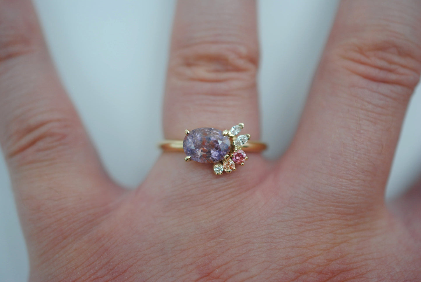 Sapphire Ring : Oval Cut, Diamond Cluster, 14K Yellow Gold
