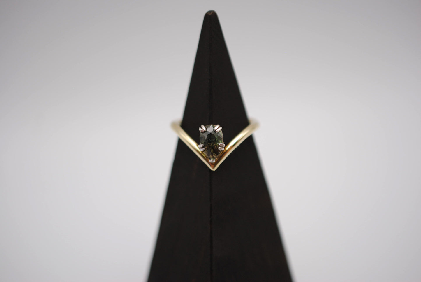 Sapphire Ring: Pear Cut, Green Gold Chevron Band, White Gold Setting