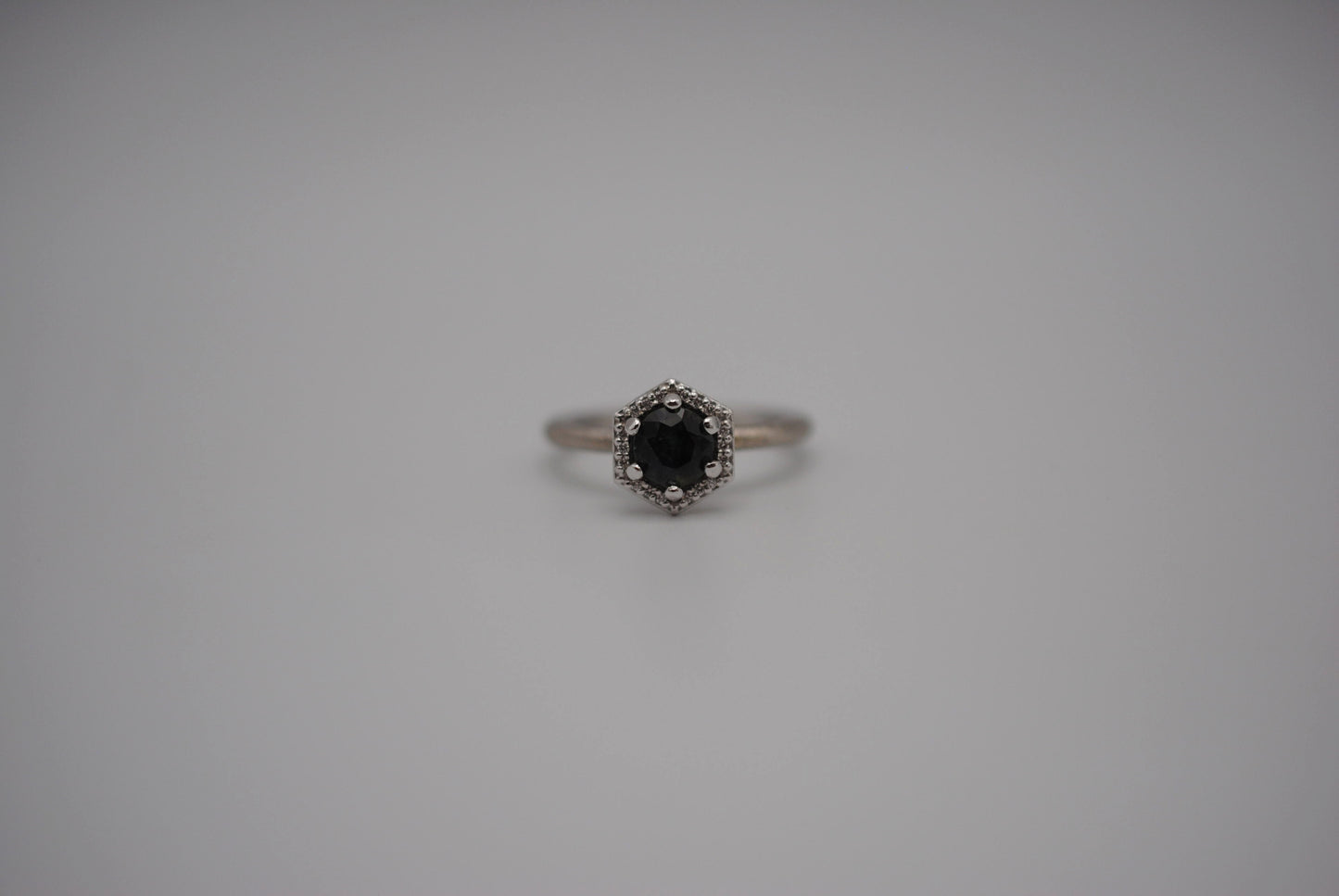 Sapphire Ring: Round Cut, Hexagon Diamond Halo, Palladium White Gold, Stardust Texture