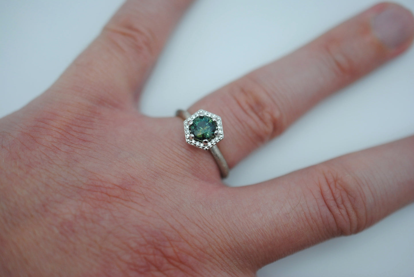 Sapphire Ring: Round Cut, Hexagon Diamond Halo, Palladium White Gold, Stardust Texture
