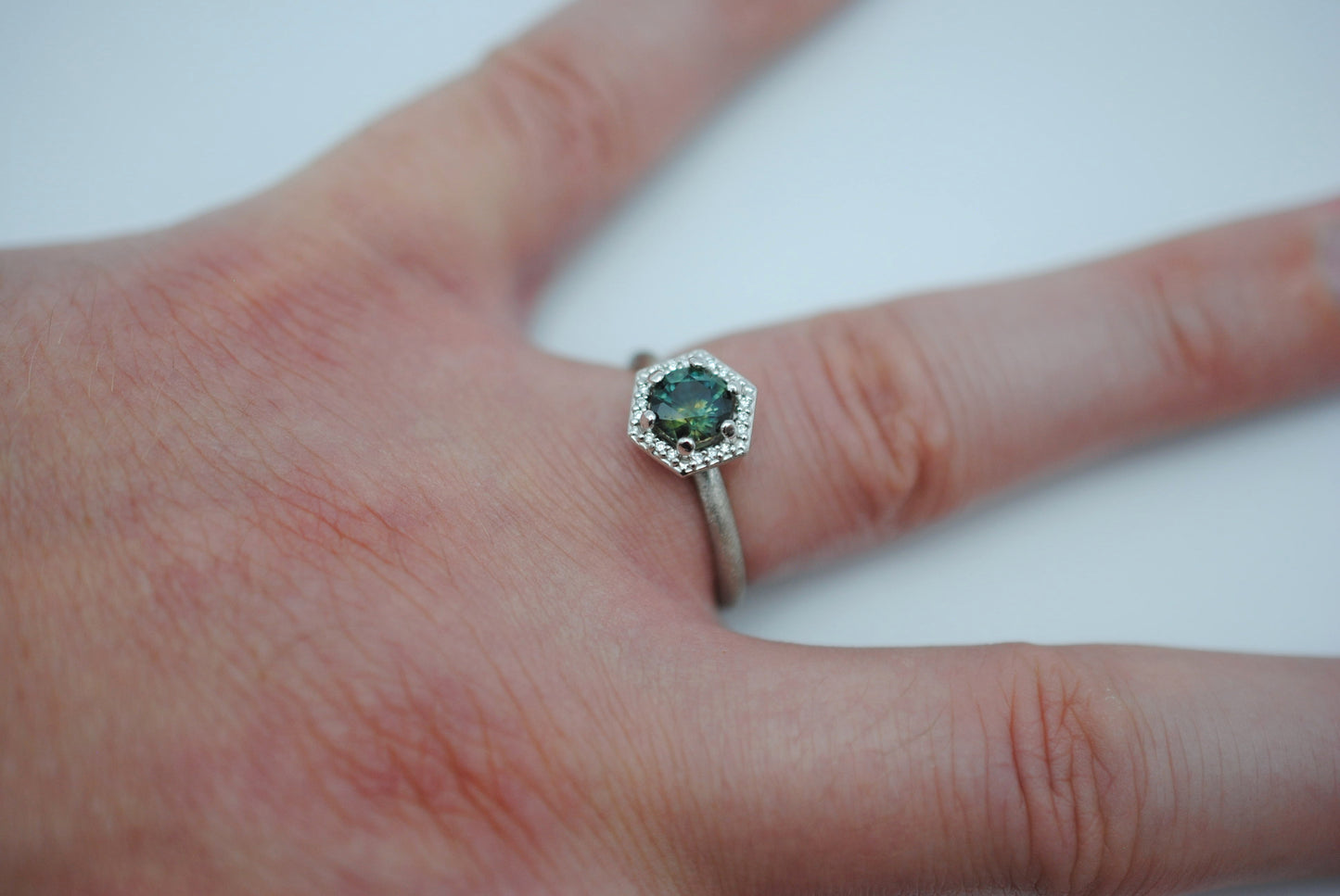 Sapphire Ring: Round Cut, Hexagon Diamond Halo, Palladium White Gold, Stardust Texture