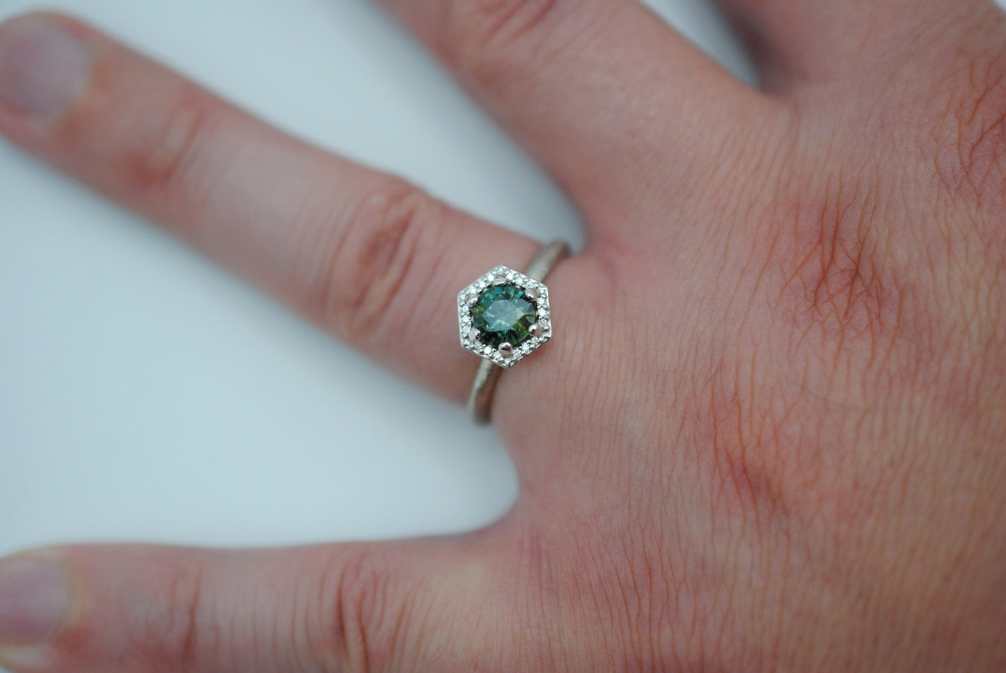 Sapphire Ring: Round Cut, Hexagon Diamond Halo, Palladium White Gold, Stardust Texture