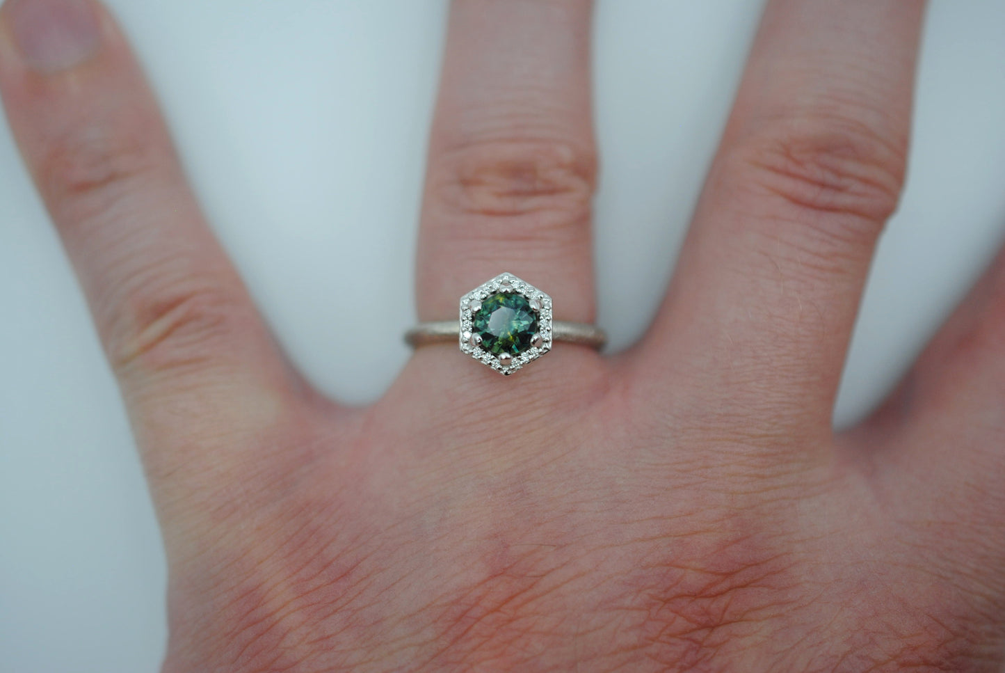 Sapphire Ring: Round Cut, Hexagon Diamond Halo, Palladium White Gold, Stardust Texture