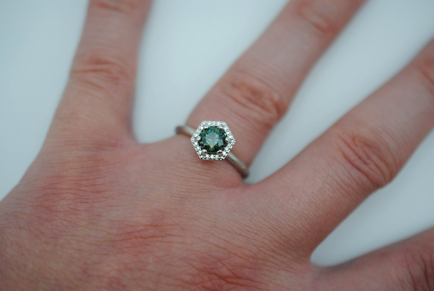 Sapphire Ring: Round Cut, Hexagon Diamond Halo, Palladium White Gold, Stardust Texture