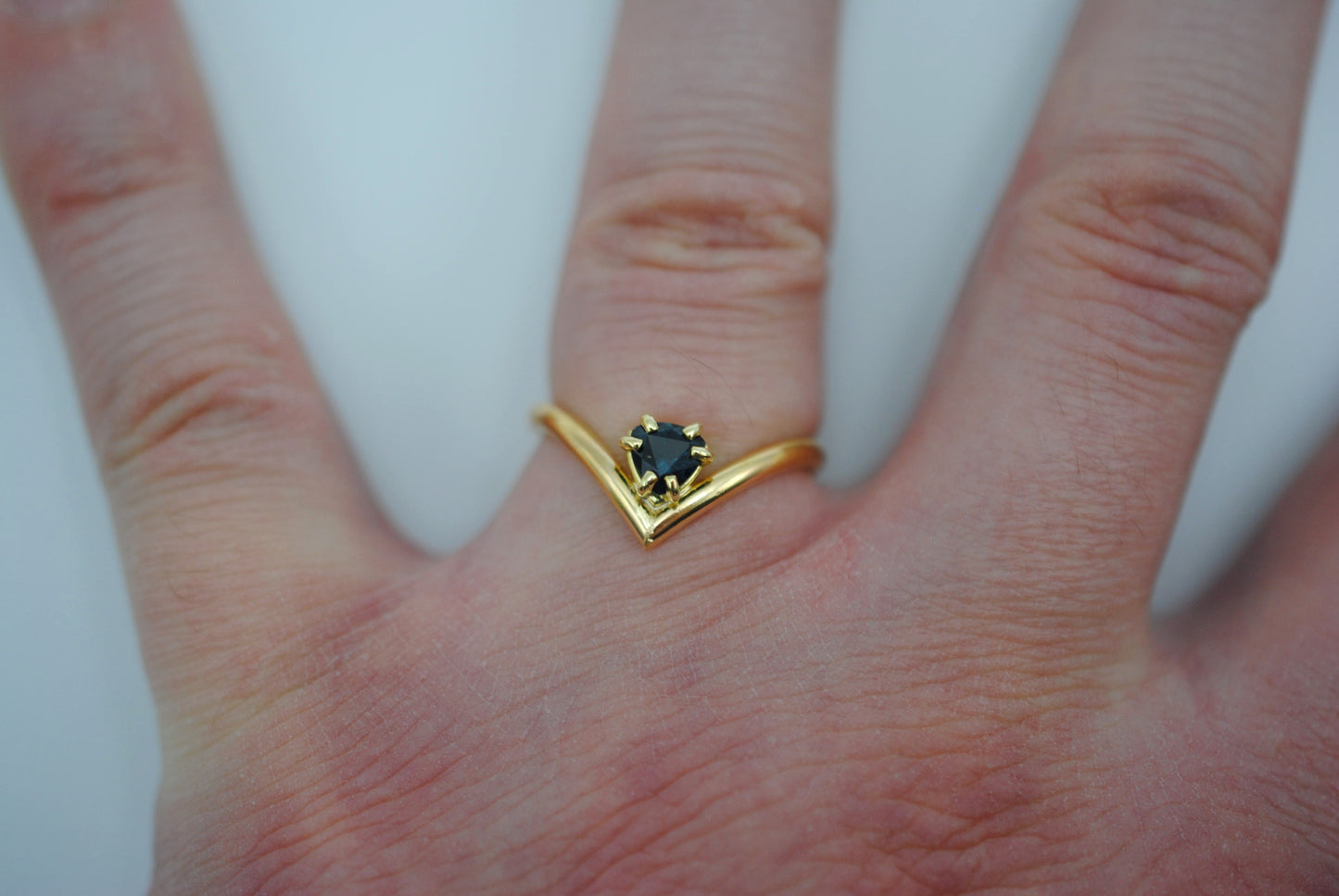 Sapphire Ring: Trillion Cut, Chevron, Yellow Gold Fill