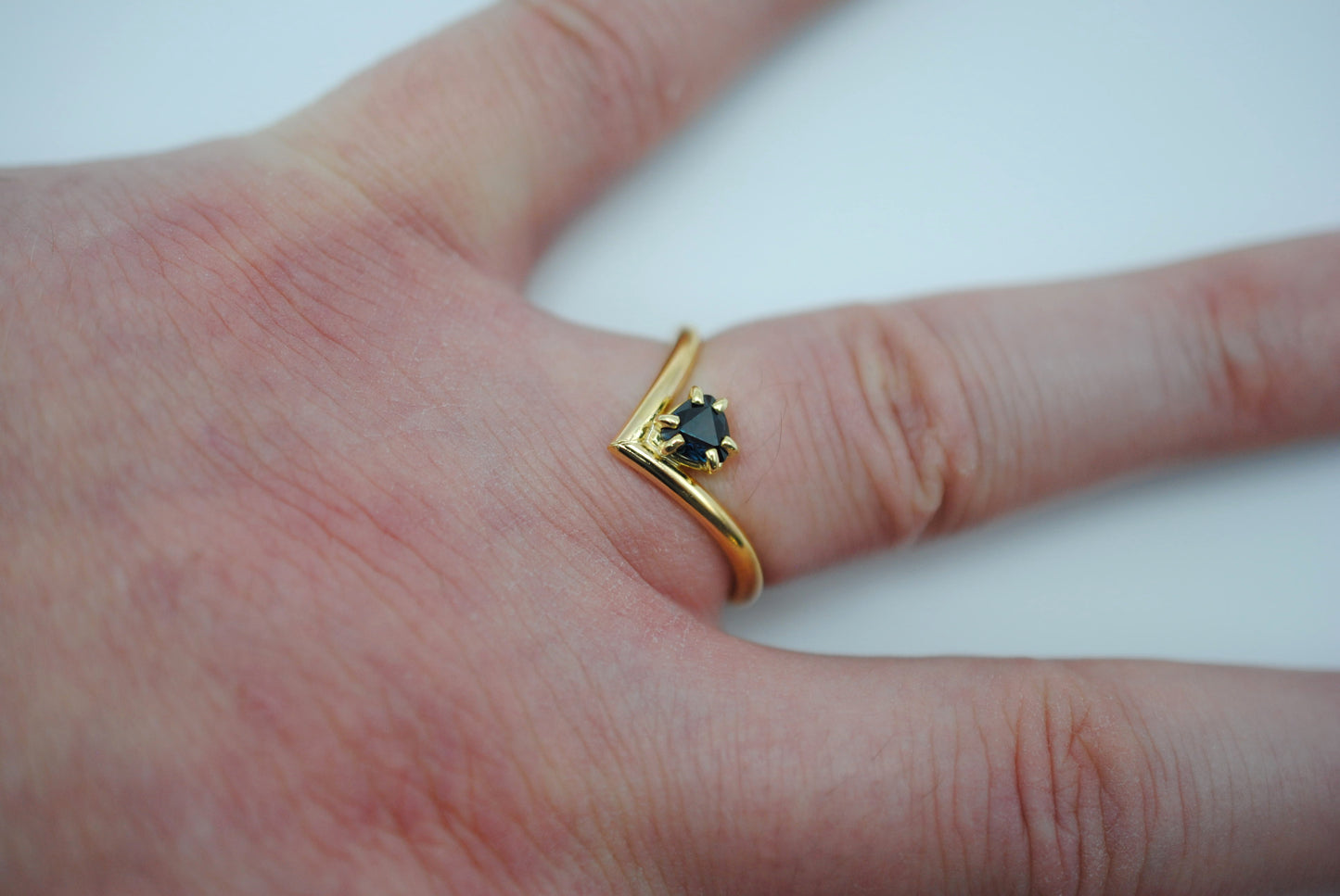 Sapphire Ring: Trillion Cut, Chevron, Yellow Gold Fill