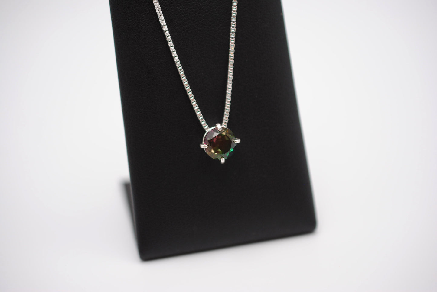 Tourmaline Necklace: Round Cut, Silver Prong Setting, Adjustable Box Chain