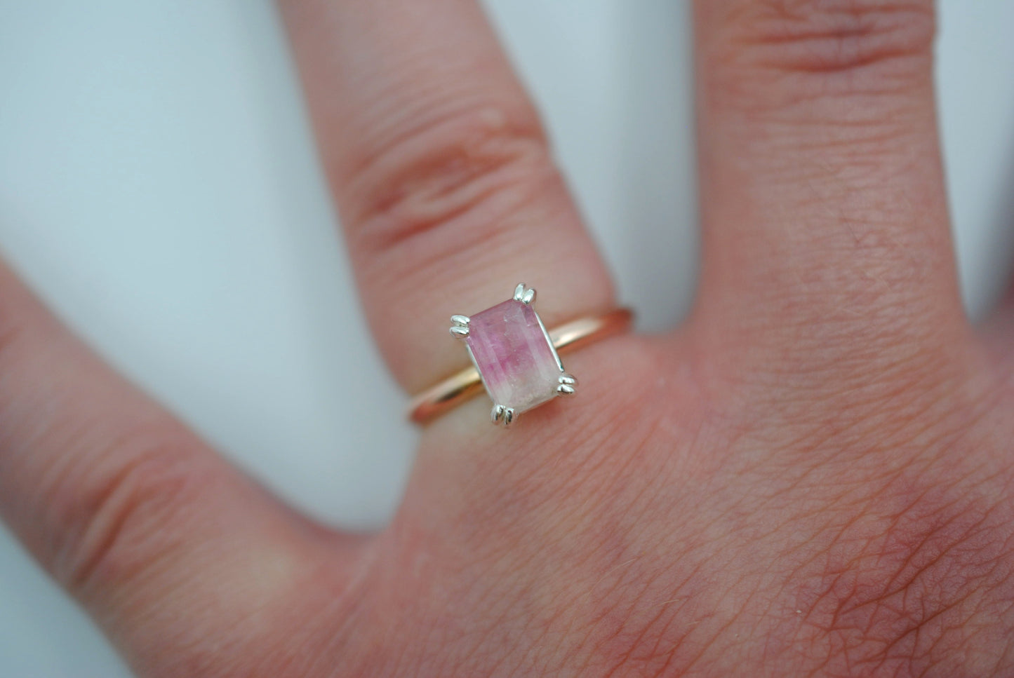 Tourmaline Ring: Emerald Cut, Rose Gold Fill Band, Silver Double Prong Setting