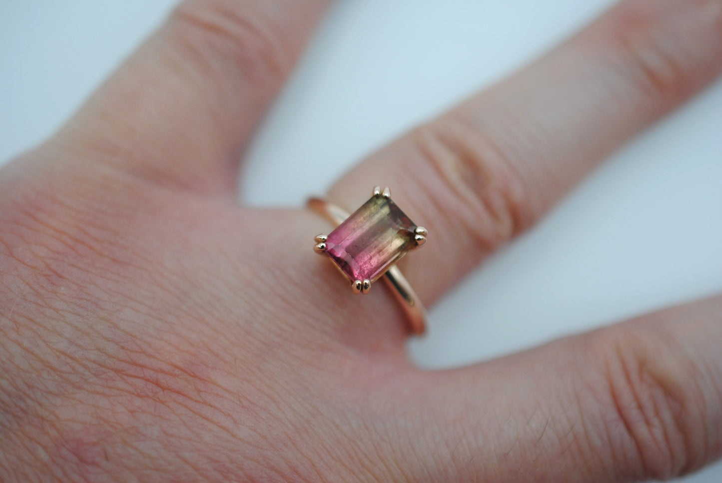 Tourmaline Ring: Emerald Cut, Rose Gold, Double Prong Setting