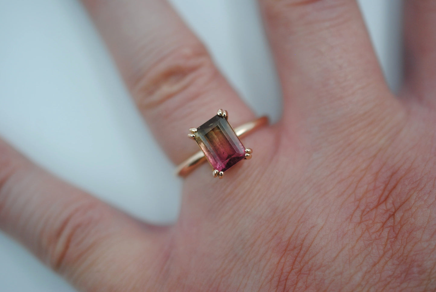 Tourmaline Ring: Emerald Cut, Rose Gold, Double Prong Setting
