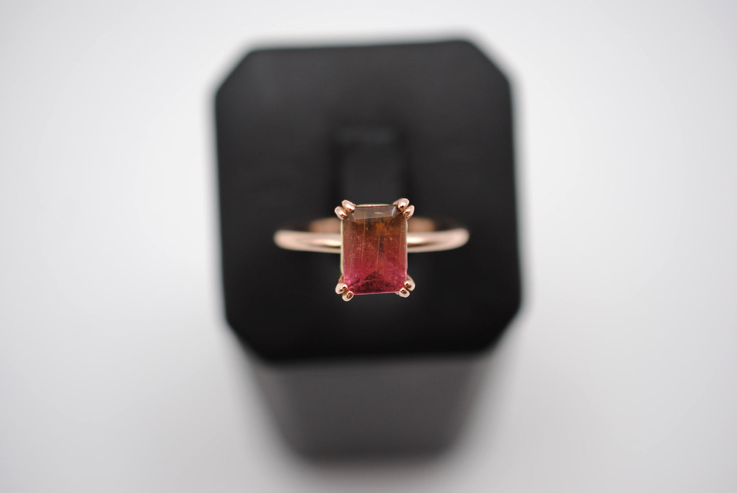 Tourmaline Ring: Emerald Cut, Rose Gold, Double Prong Setting