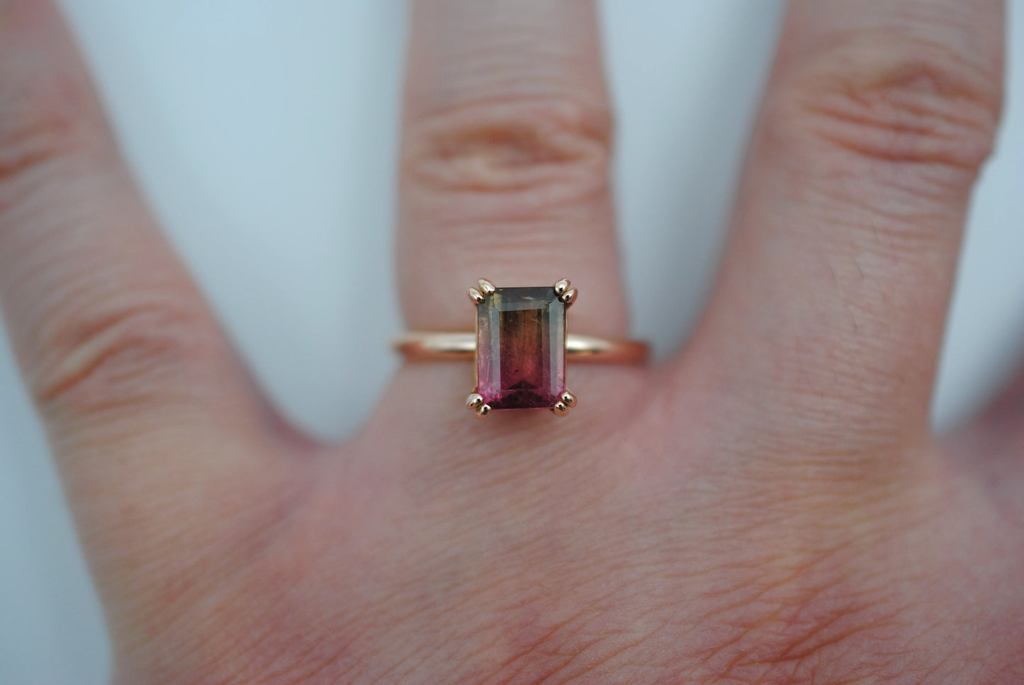 Tourmaline Ring: Emerald Cut, Rose Gold, Double Prong Setting