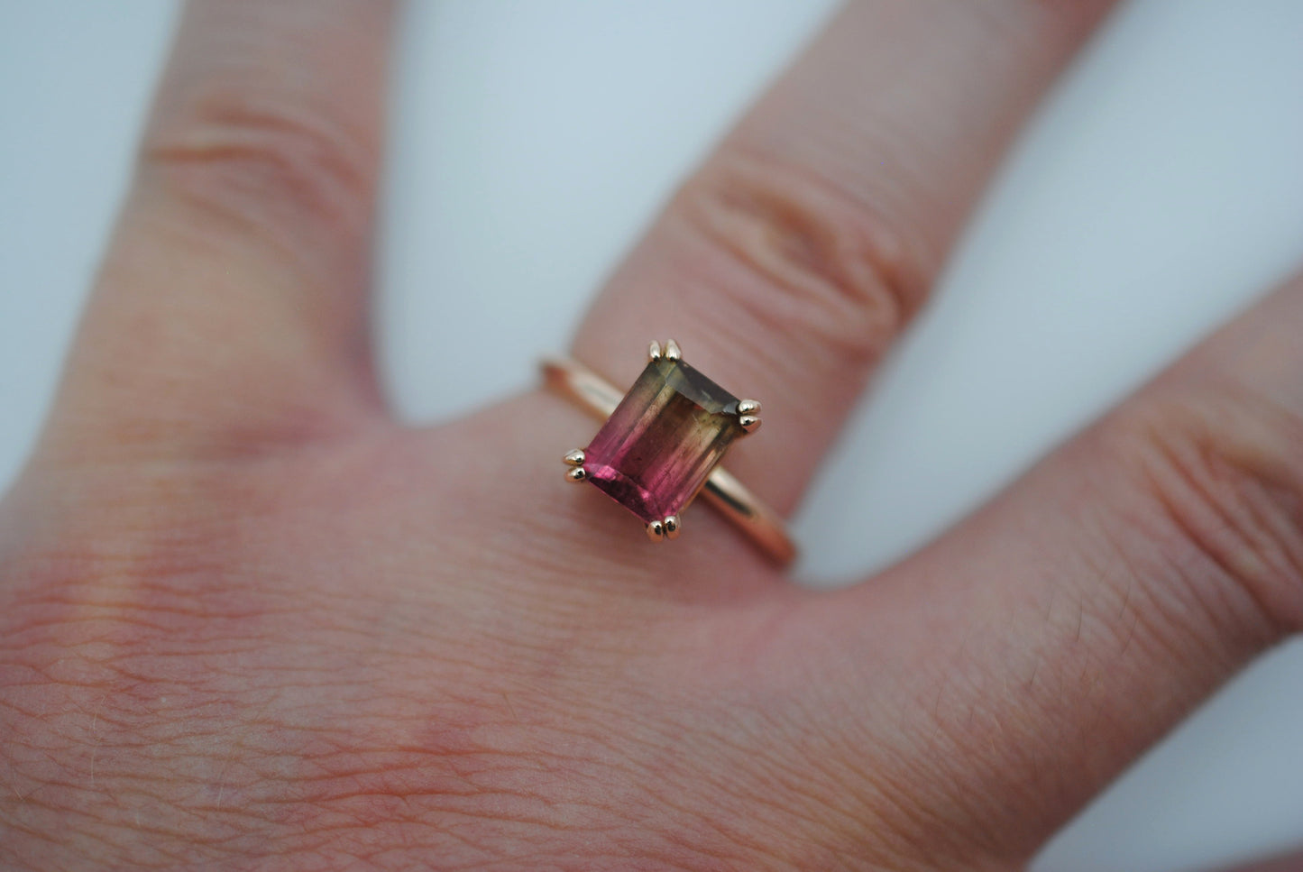Tourmaline Ring: Emerald Cut, Rose Gold, Double Prong Setting