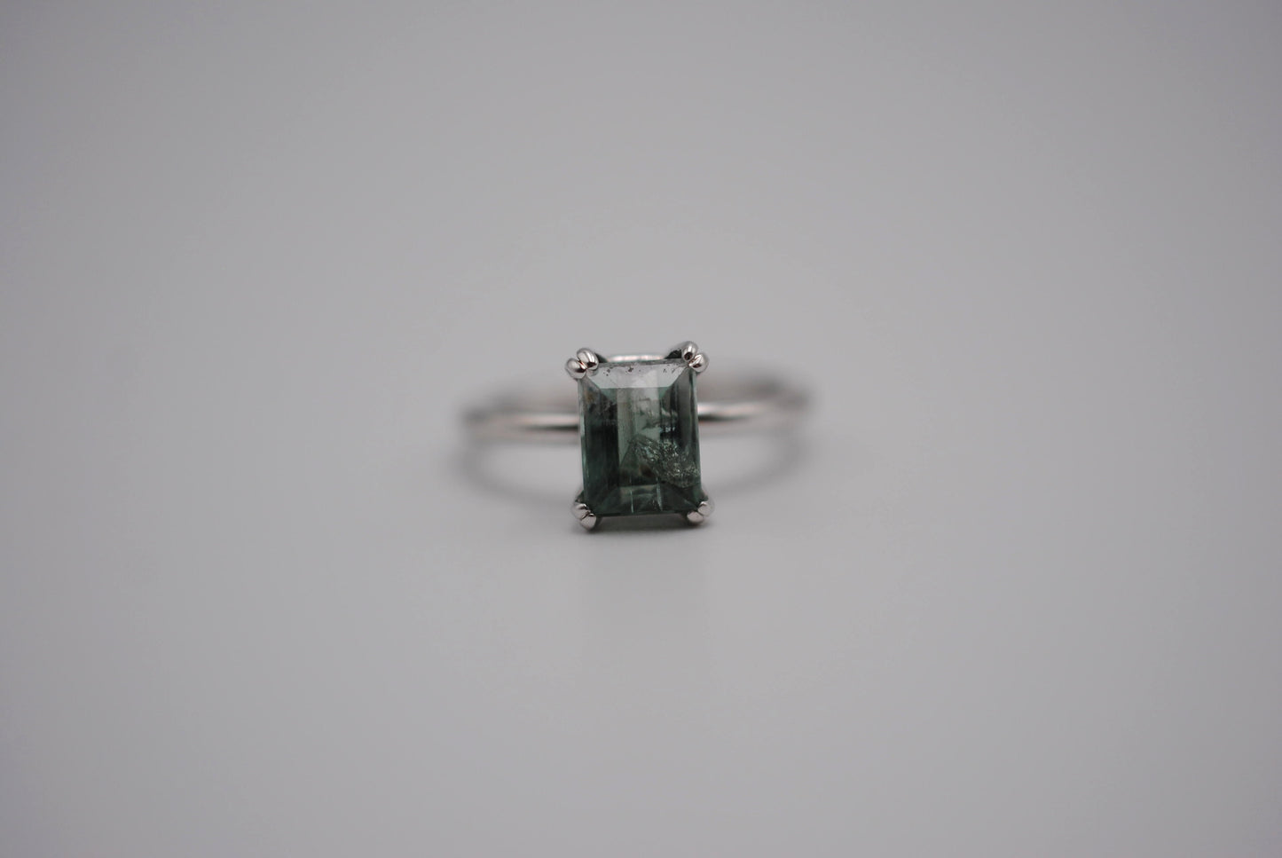 Tourmaline Ring: Emerald Cut, White Gold, Double Prong Setting
