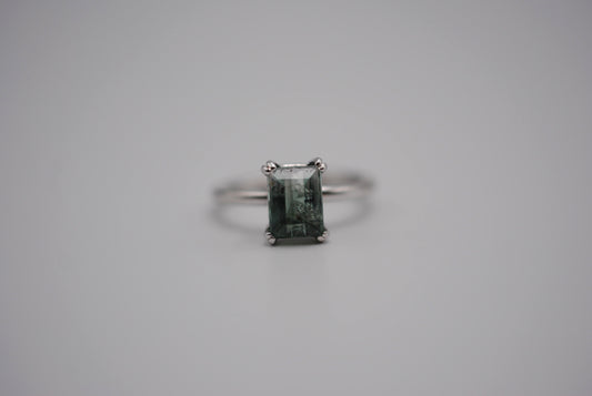 Tourmaline Ring: Emerald Cut, White Gold, Double Prong Setting