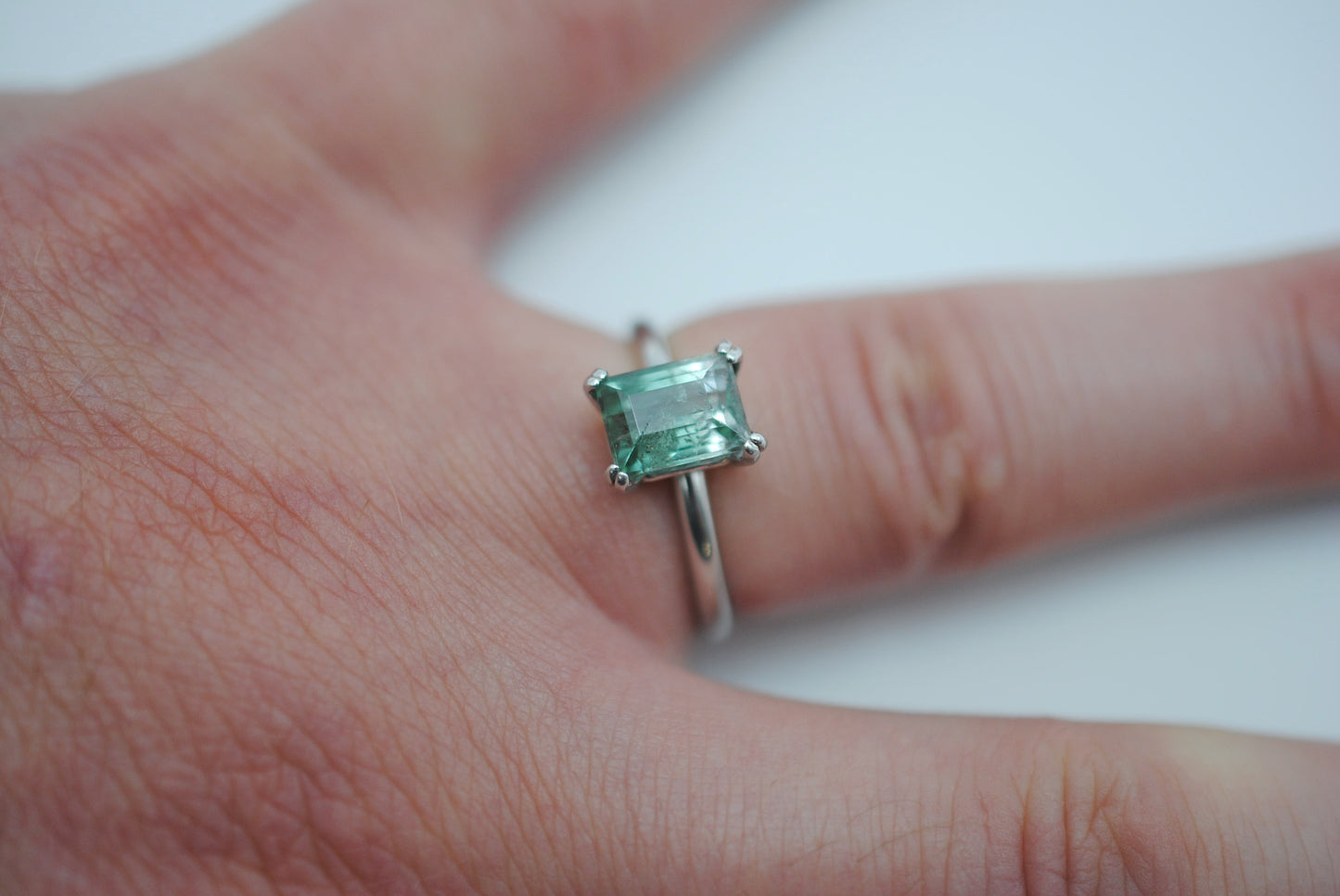 Tourmaline Ring: Emerald Cut, White Gold, Double Prong Setting