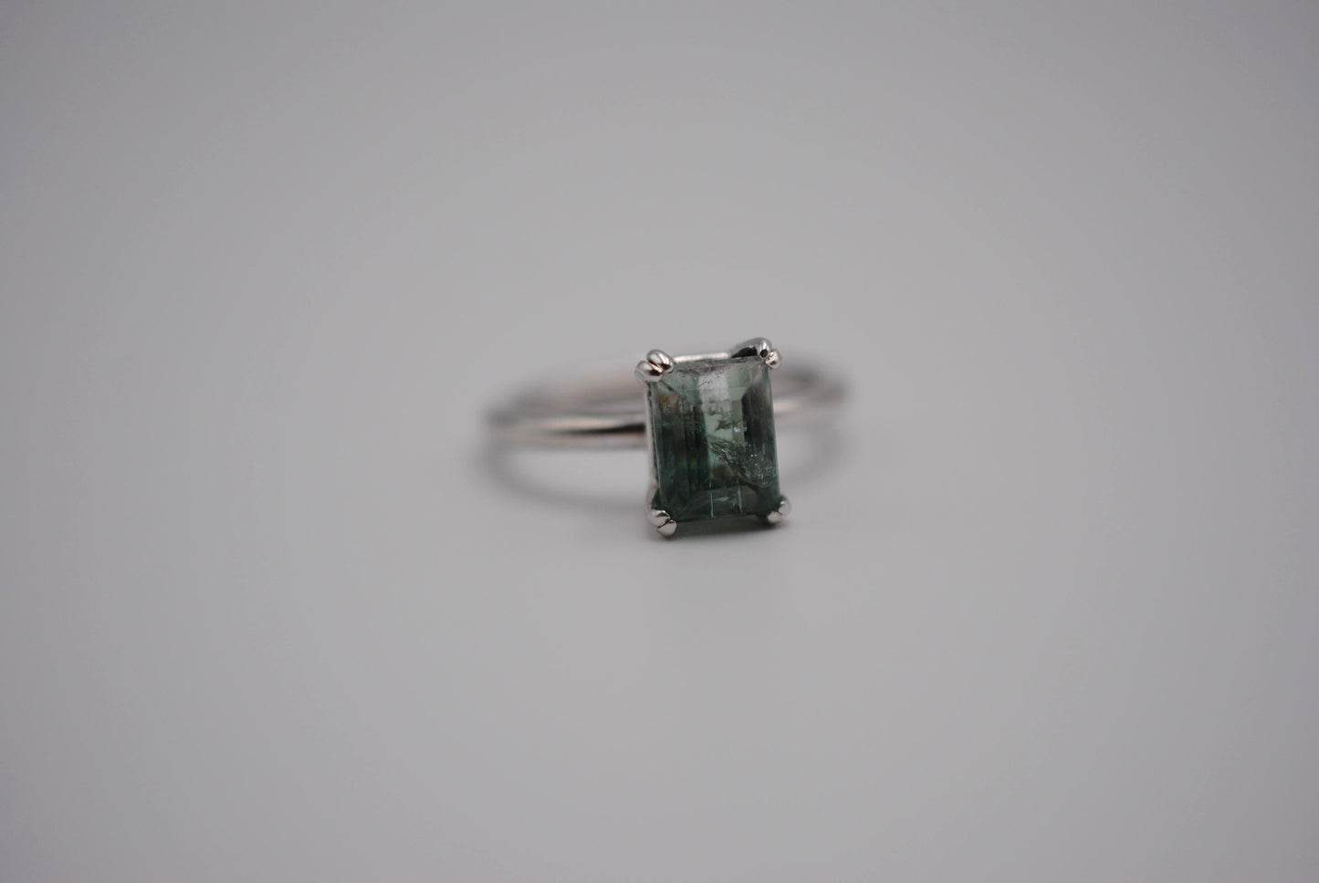 Tourmaline Ring: Emerald Cut, White Gold, Double Prong Setting
