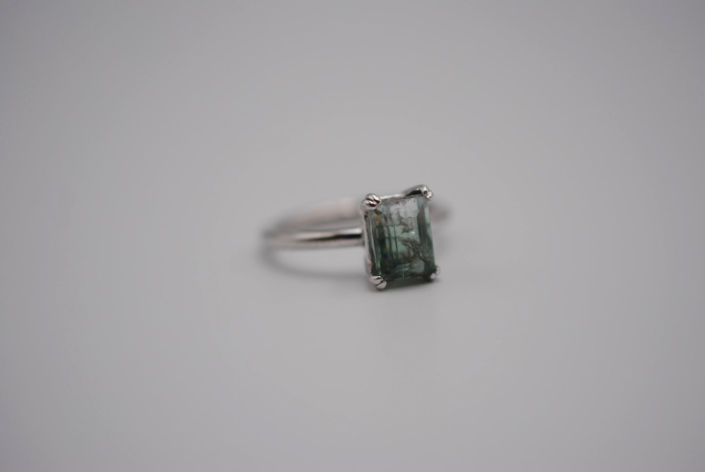 Tourmaline Ring: Emerald Cut, White Gold, Double Prong Setting