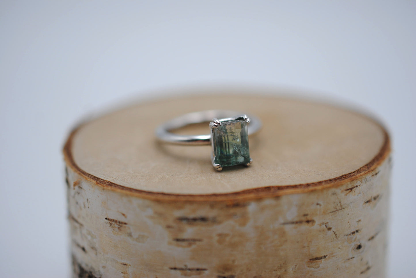 Tourmaline Ring: Emerald Cut, White Gold, Double Prong Setting