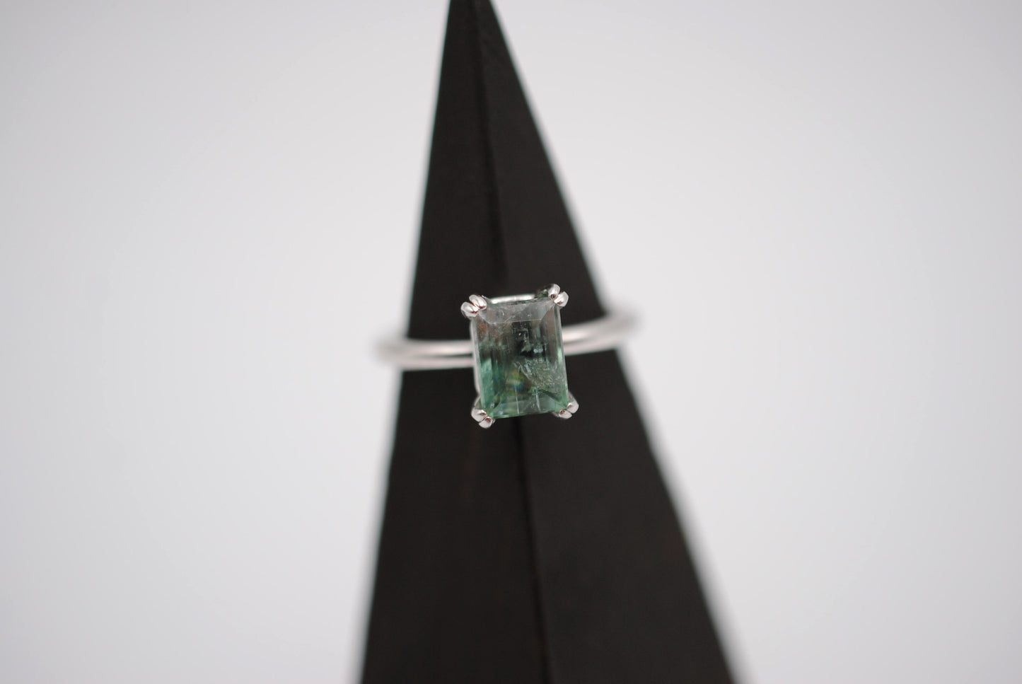 Tourmaline Ring: Emerald Cut, White Gold, Double Prong Setting
