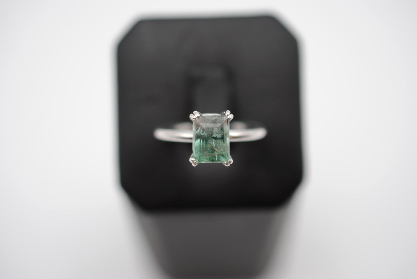 Tourmaline Ring: Emerald Cut, White Gold, Double Prong Setting
