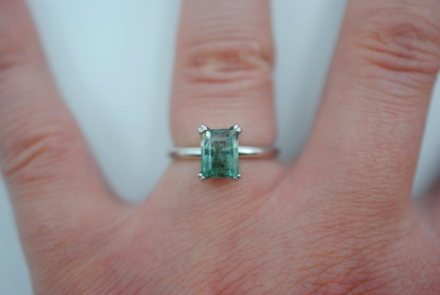 Tourmaline Ring: Emerald Cut, White Gold, Double Prong Setting