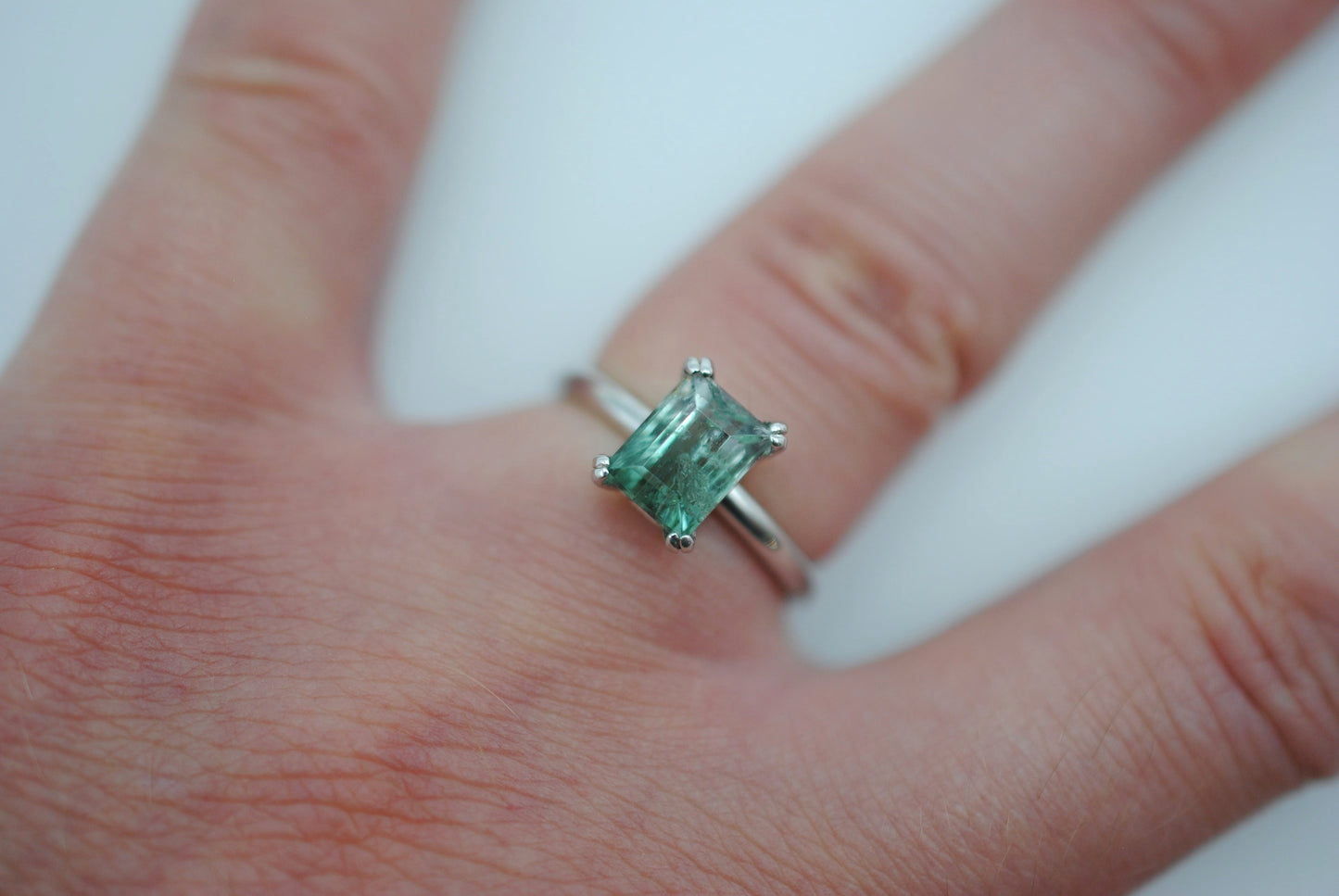 Tourmaline Ring: Emerald Cut, White Gold, Double Prong Setting