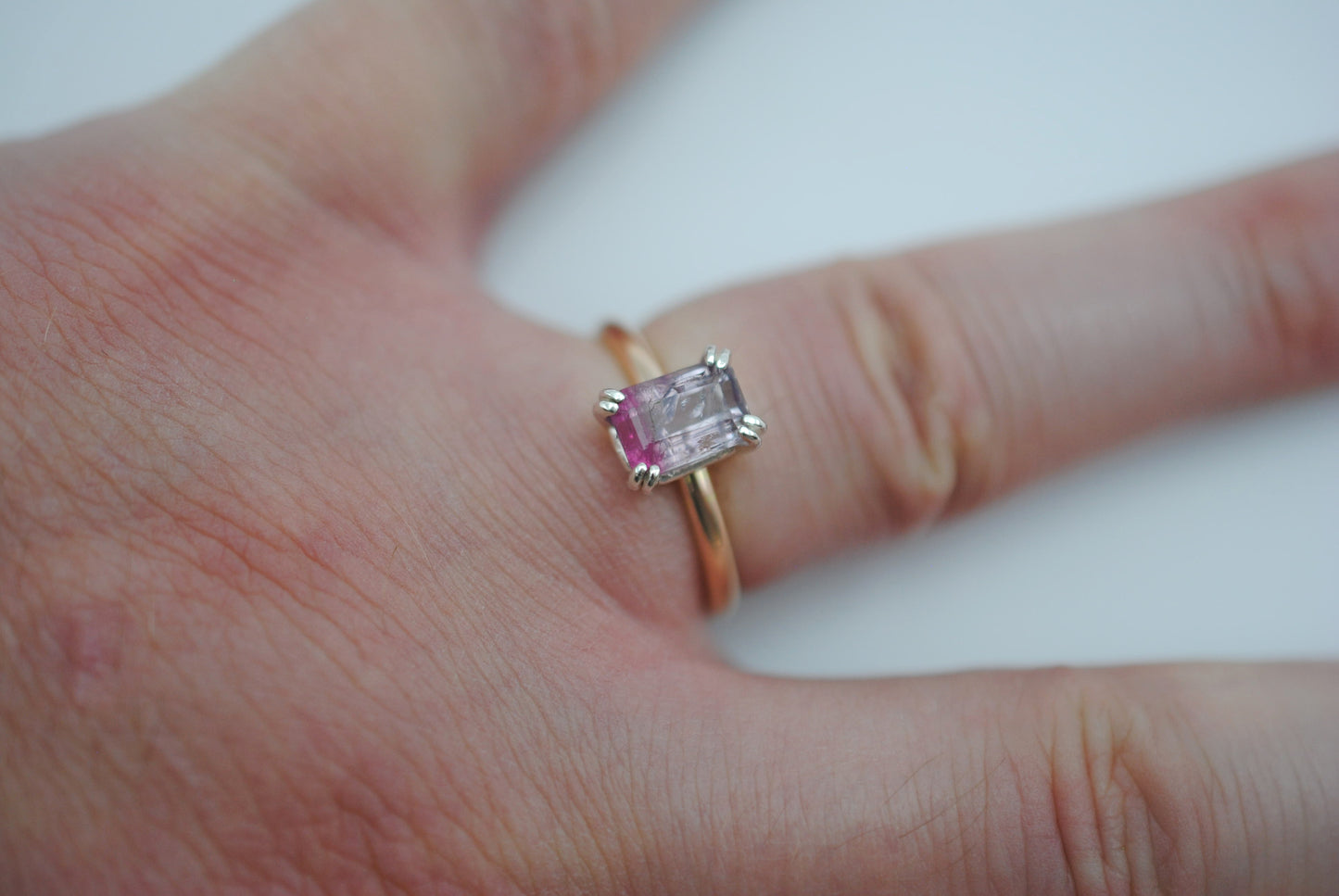 Tourmaline Ring: Emerald Cut, Yellow Gold Fill Band, Silver Double Prong Setting