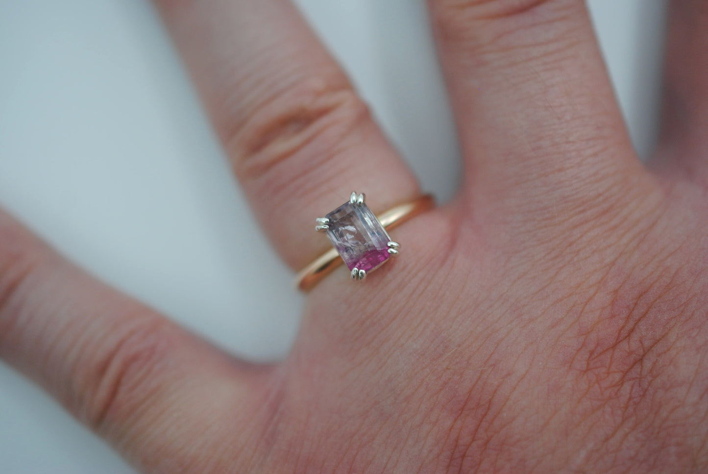 Tourmaline Ring: Emerald Cut, Yellow Gold Fill Band, Silver Double Prong Setting