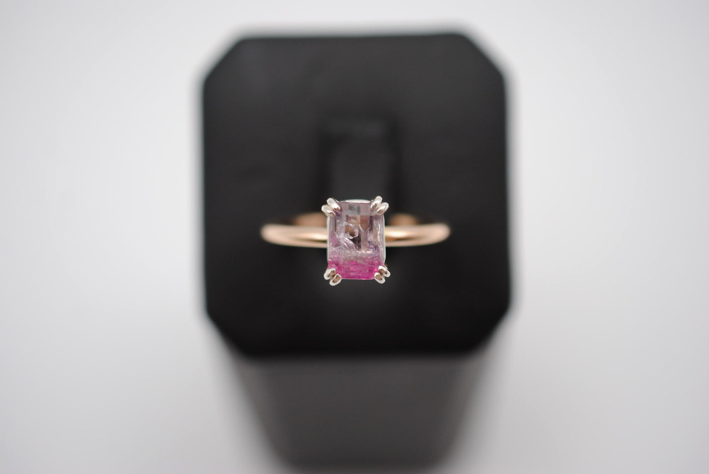 Tourmaline Ring: Emerald Cut, Yellow Gold Fill Band, Silver Double Prong Setting