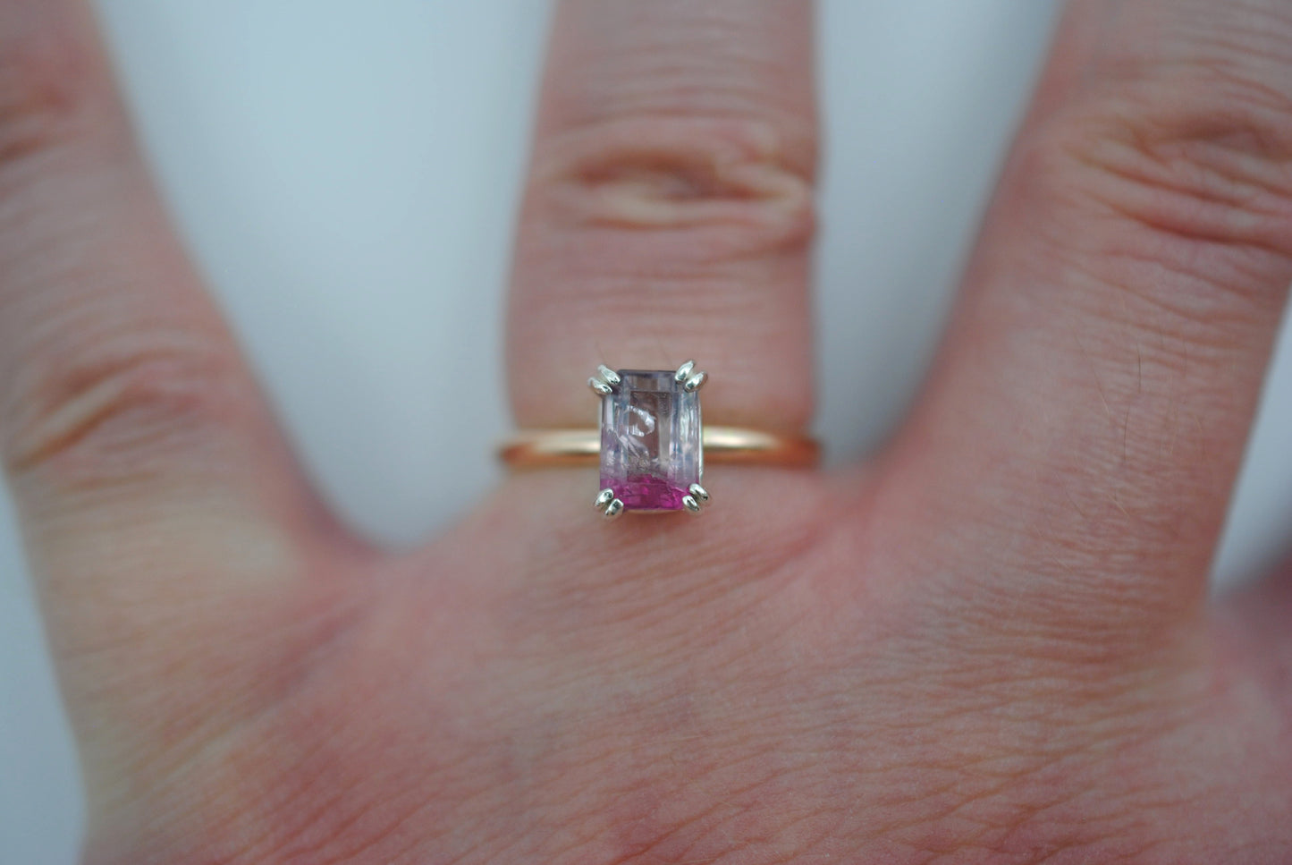 Tourmaline Ring: Emerald Cut, Yellow Gold Fill Band, Silver Double Prong Setting