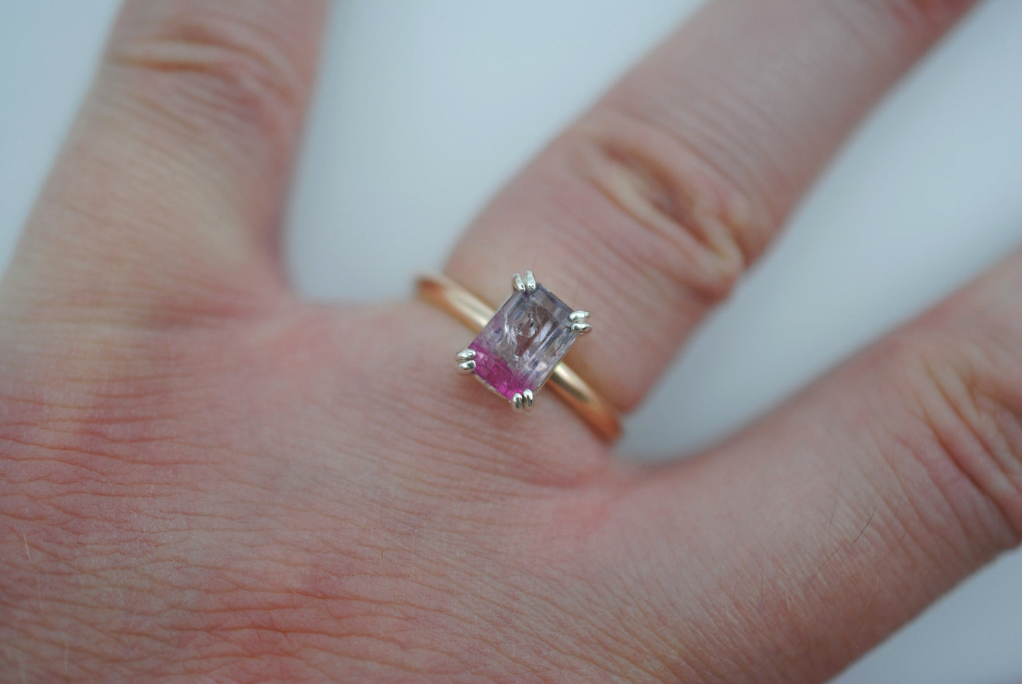 Tourmaline Ring: Emerald Cut, Yellow Gold Fill Band, Silver Double Prong Setting