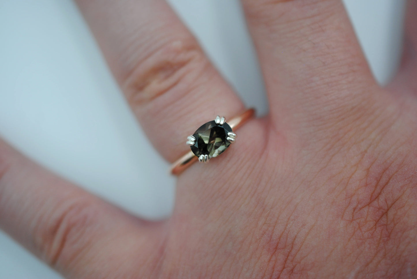 Tourmaline Ring: Oval Cut, Rose Gold Fill Band, East-West Silver Setting