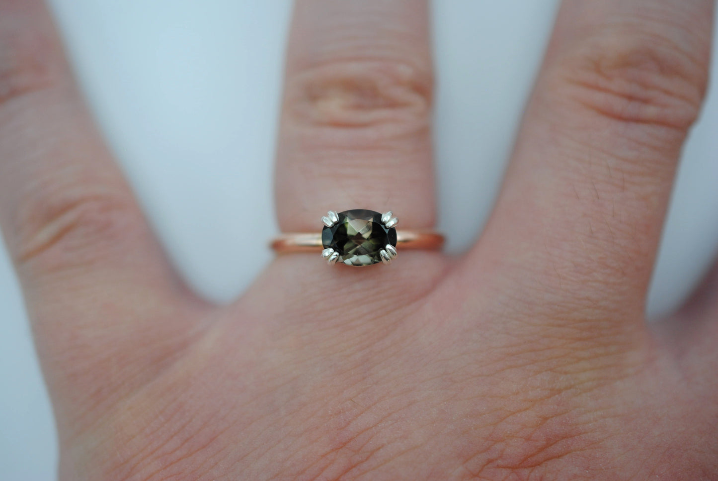 Tourmaline Ring: Oval Cut, Rose Gold Fill Band, East-West Silver Setting