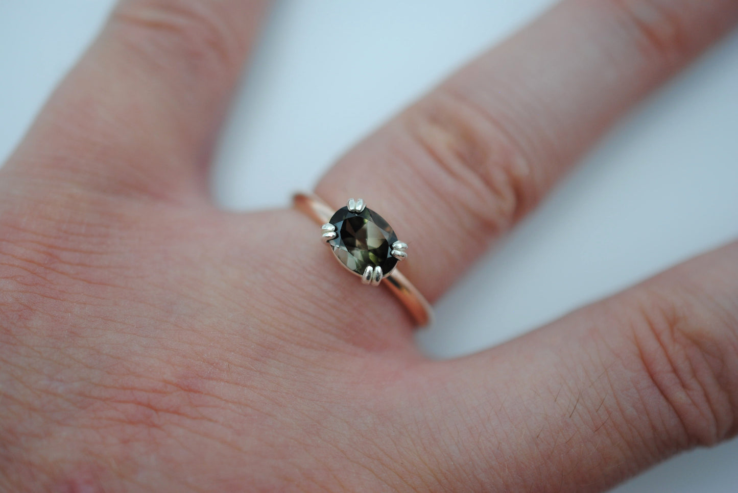 Tourmaline Ring: Oval Cut, Rose Gold Fill Band, East-West Silver Setting