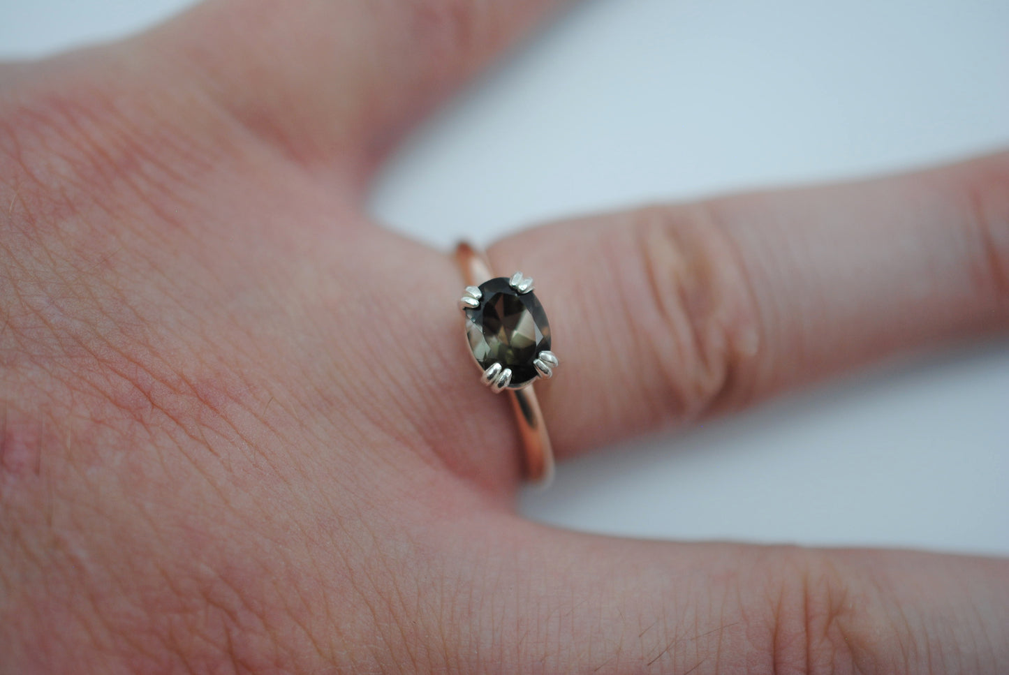 Tourmaline Ring: Oval Cut, Rose Gold Fill Band, East-West Silver Setting