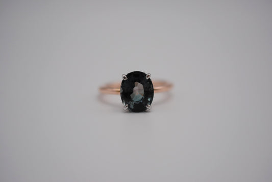 Tourmaline Ring: Oval Cut, White Gold Ornate Setting, Rose Gold Fill Band